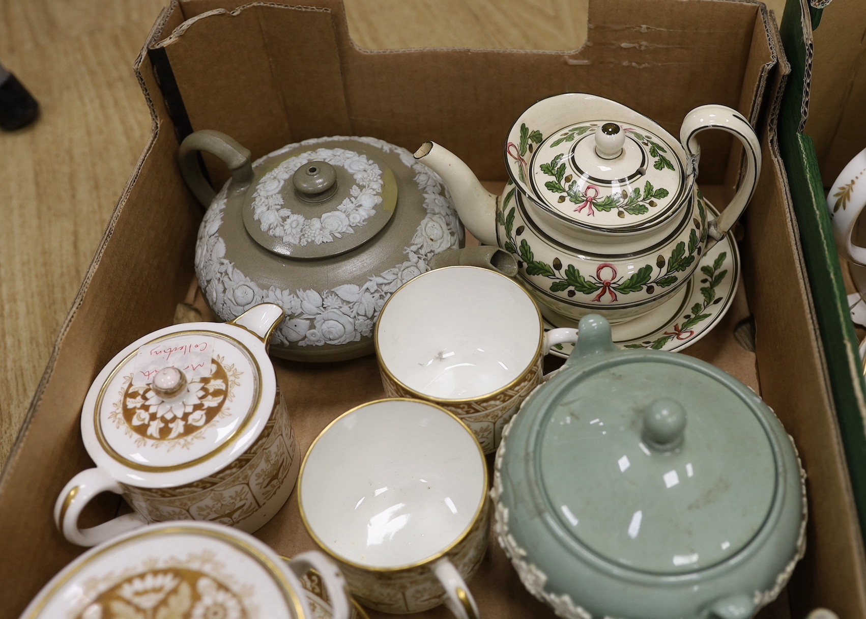 A group of Wedgwood tea wares, a Paris porcelain part tea set, Doulton silicon wares etc., 19th/20th century (two boxes)